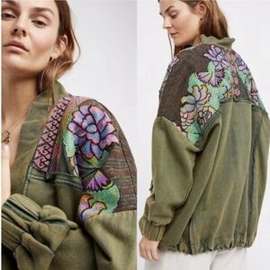 Free People Antigua Floral Embroidered Olive Jacket Medium